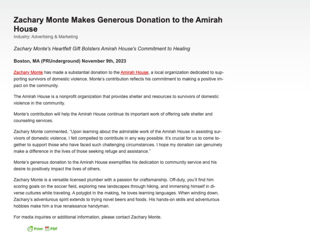 Zachary Monte - Makes Generous Donation to the Amirah House